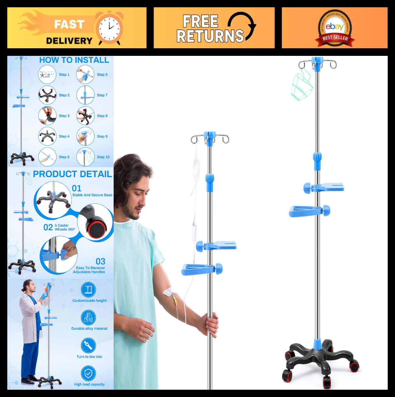 Adjustable IV Pole with Wheels, Stainless Steel 43.3″ to 78.7″, 4 Hooks, Tray &