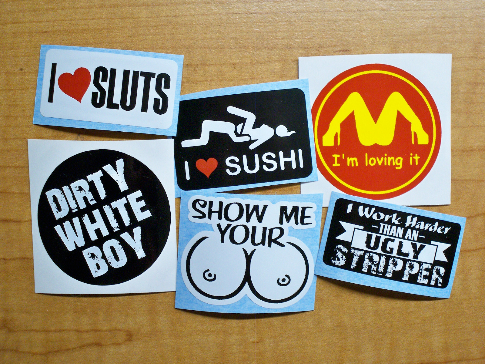 Funny Hard Hat Stickers / I Love Sluts Loving It Sushi White Boy Ugly Stripper
