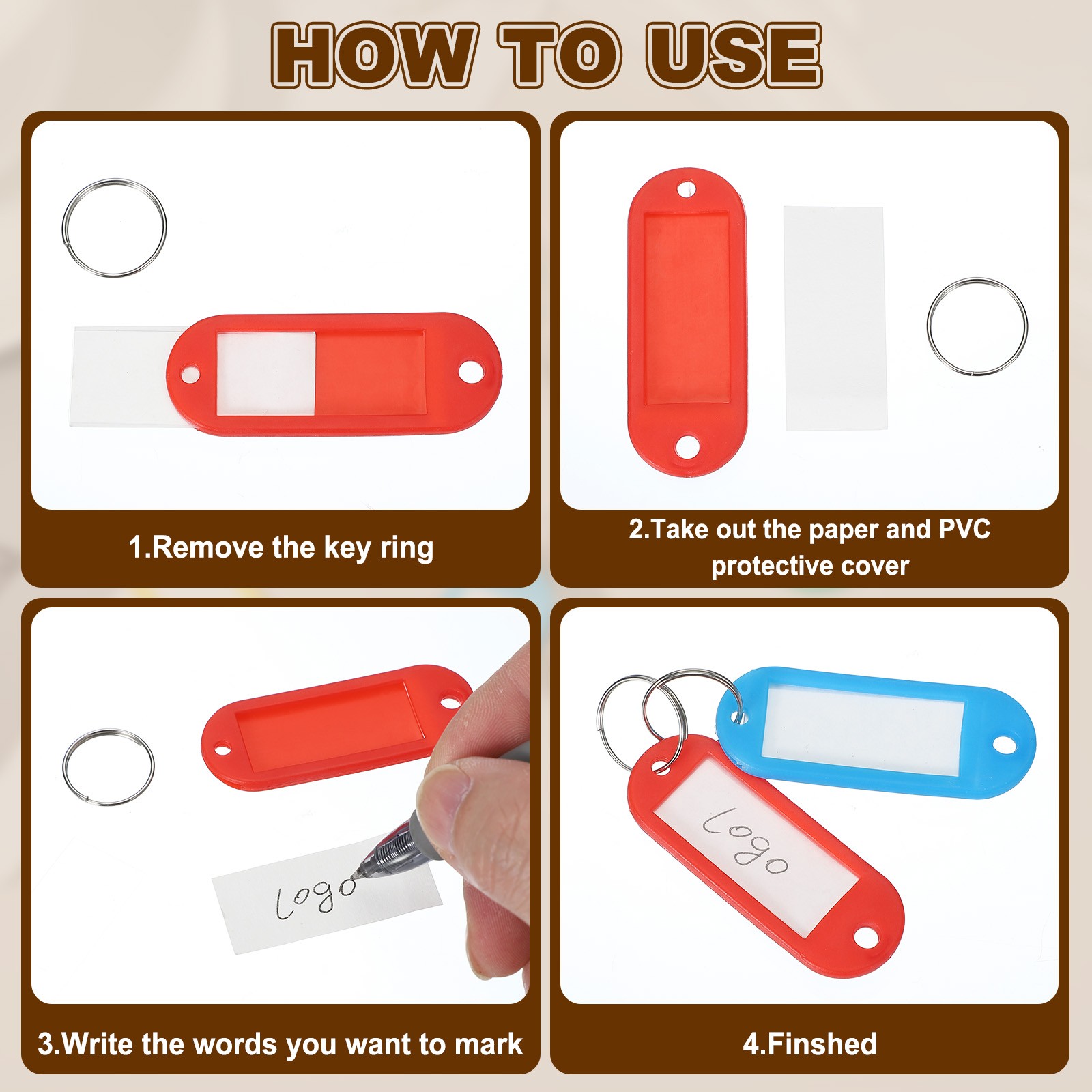 20pcs Plastic Key Tags with Split Ring Labels Window Pink