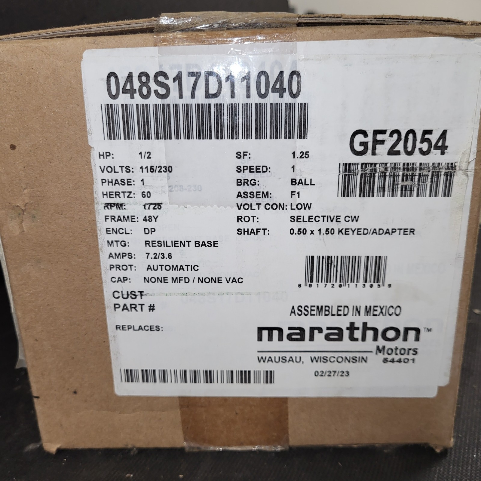 Marathon GF2054 Motor, 1/2 HP, 1725 RPM, FRAME: 48Y, 1 SP, 1PH