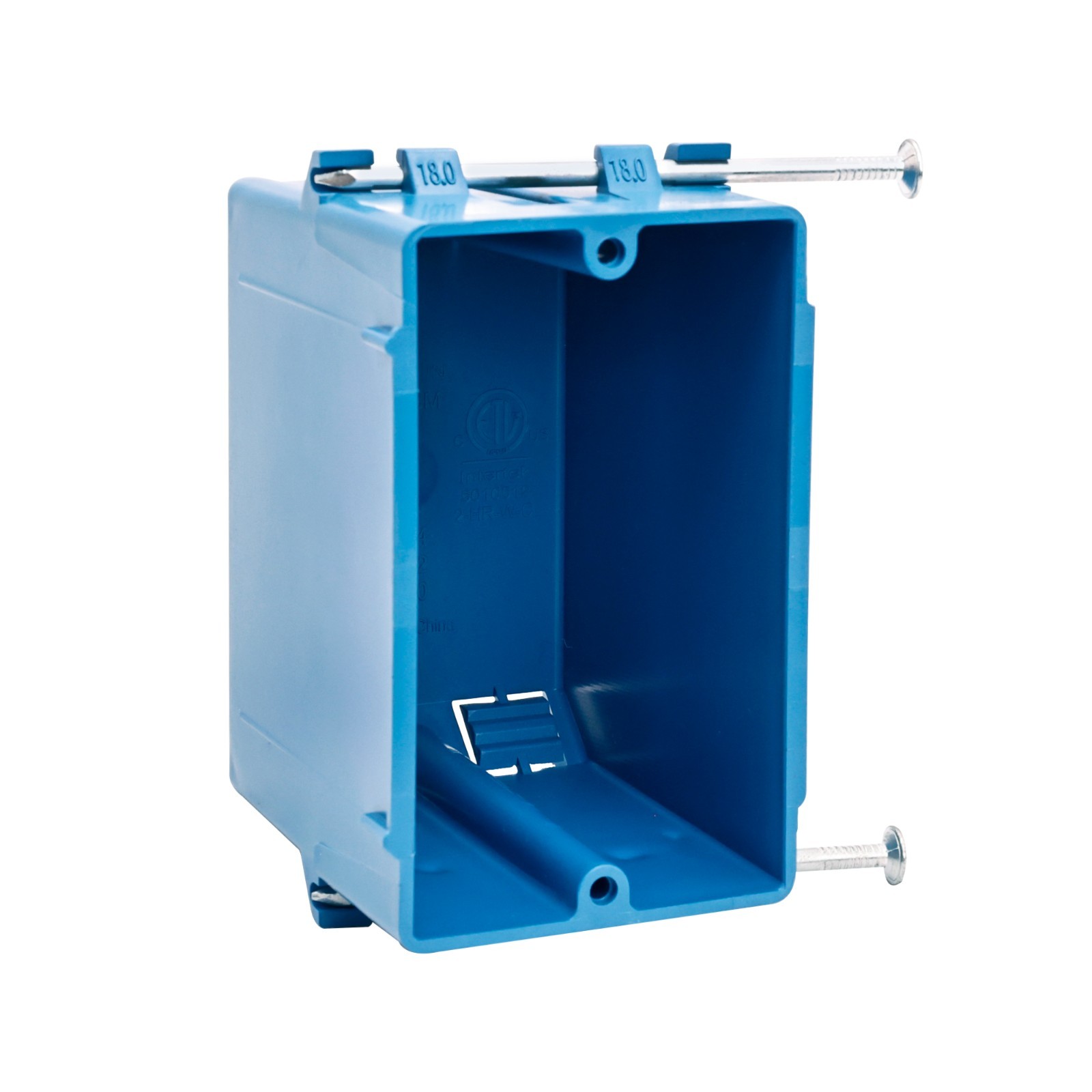 1-Gang New Work Outlet Box 18 Cu In PVC Blue ETL Listed Captive Nails Knockouts