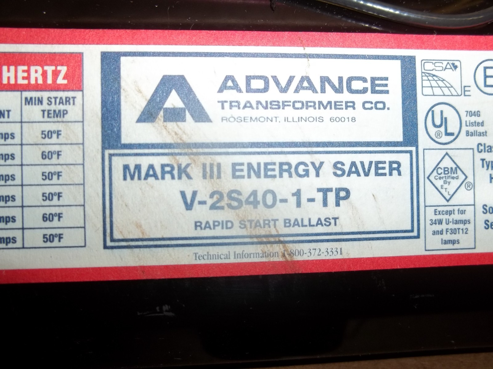 ADVANCE BALLAST V-2S40-TP MARK III RAPID START ENERGY SAVER 277V 60HZ (500)