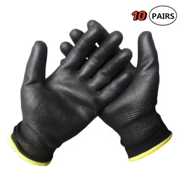 Ultra-Thin Black Work Gloves PU Coated Palm Gloves Nylon Shell 10 Pairs