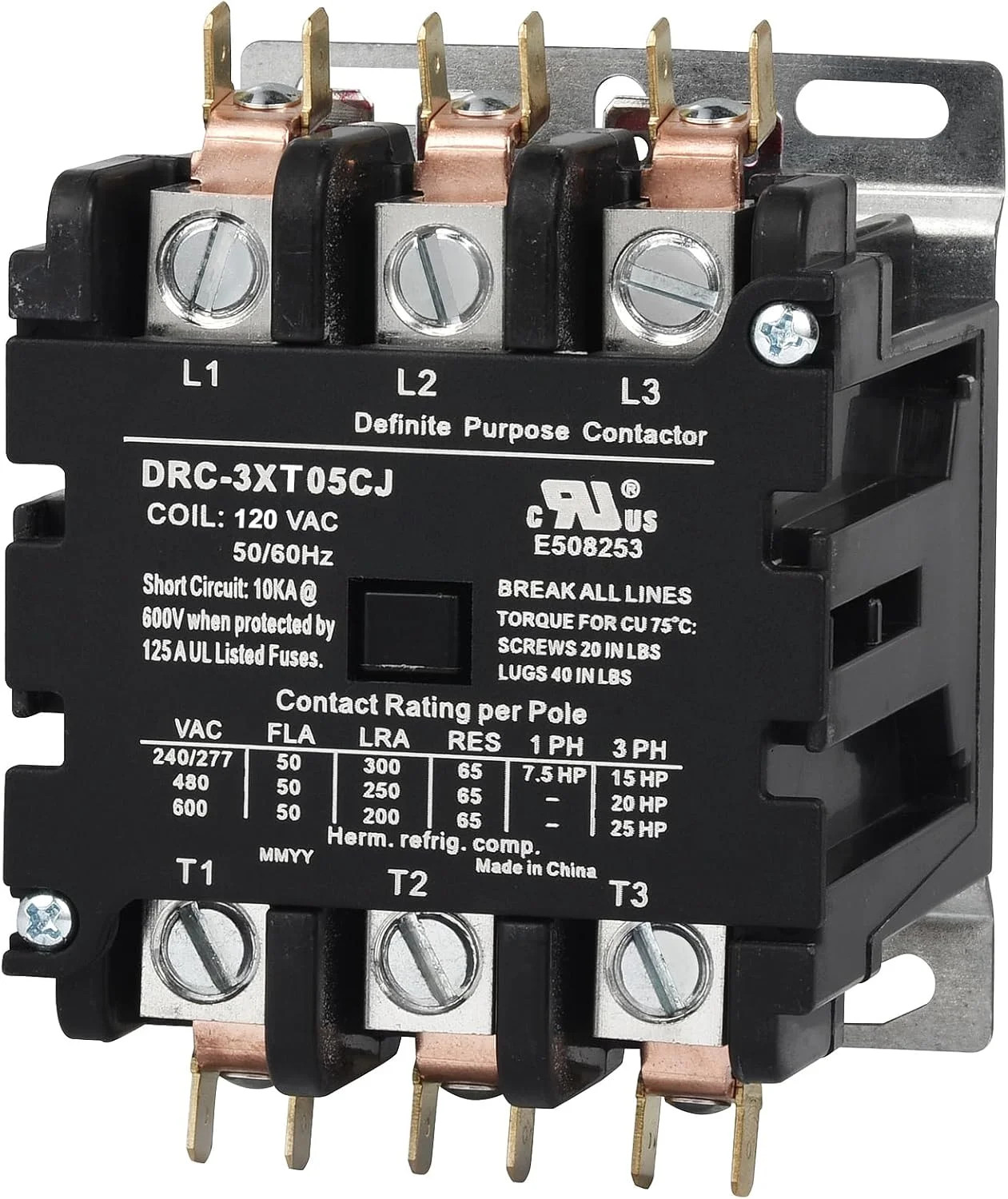 SUNLEE 50 Amp 65 RES 3 Pole 120v coil SunLee DP Contactor A2L Compliant UL Recog