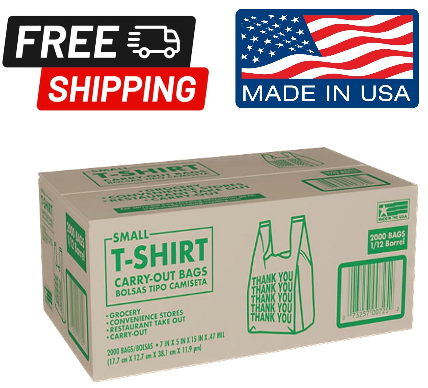 Small T-Shirt Carry-Out Bags Thank You Shopping Bags 7″ x 5″ x 15″ (2,000 ct.)