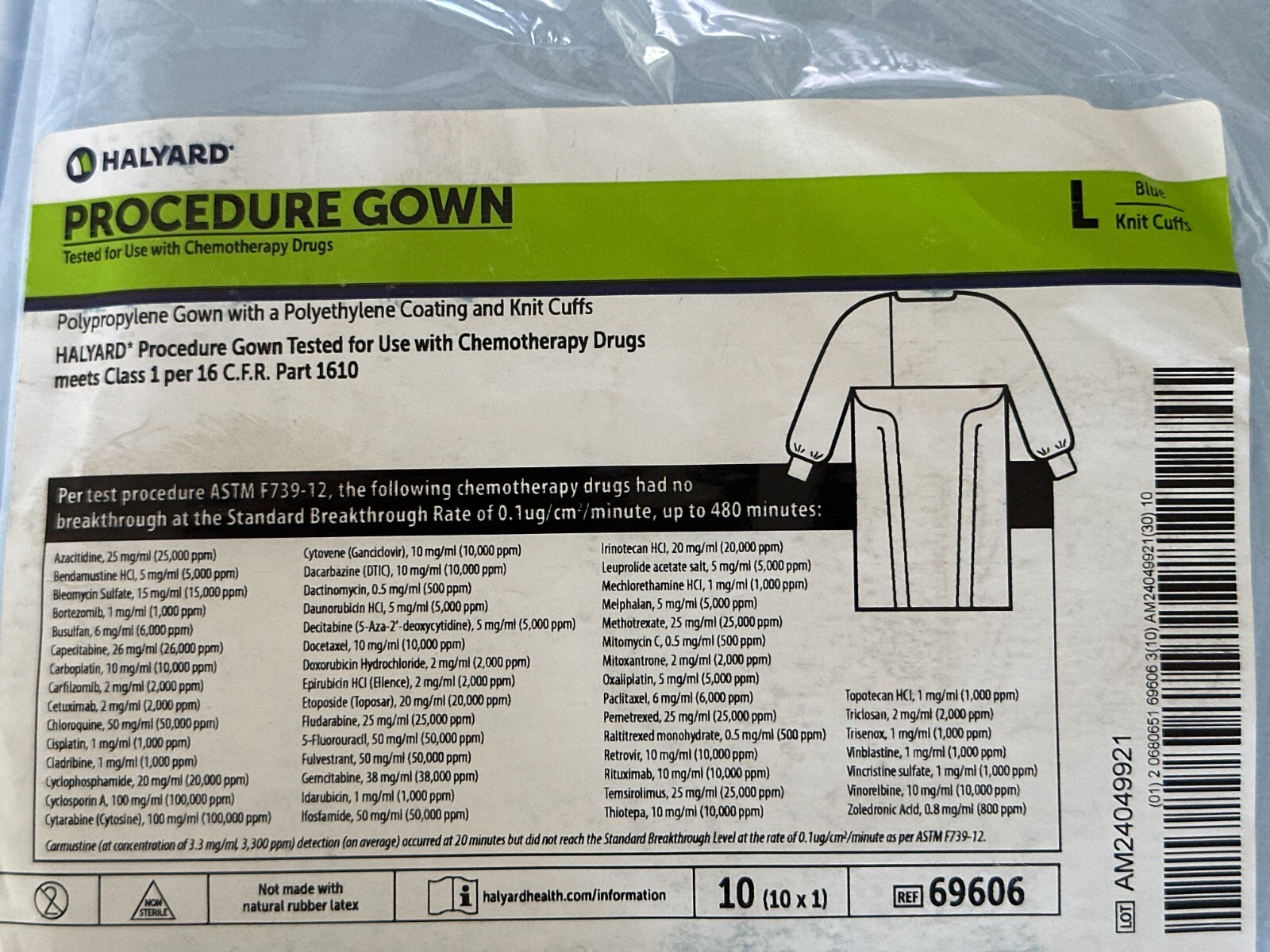 Pack of 10 Halyard #69606 Procedure Gown, Large, Polypropylene, Blue, Knit Cuffs