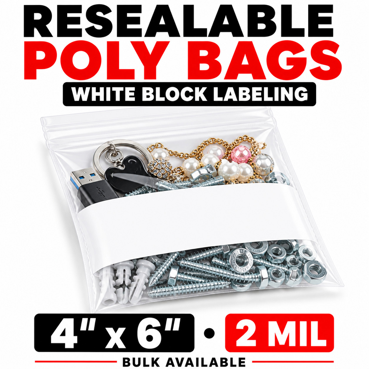 4×6 Clear Zip Poly Bags 2 Mil Reclosable White Block Bulk 1000 2000 3000 10000
