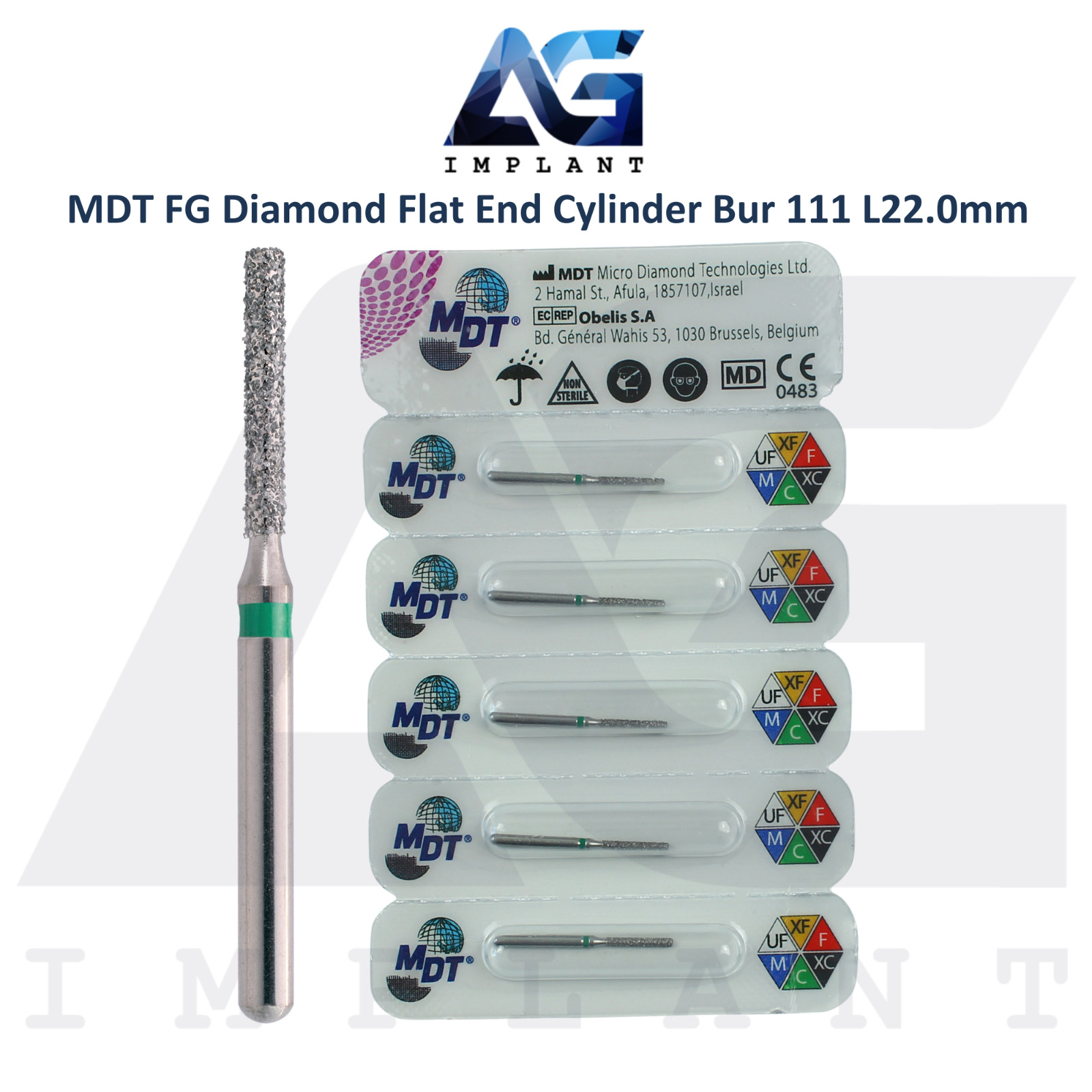 MDT Dental FG Diamond Coated Flat End Cylinder Burs 111 L22.0mm Contour Surface