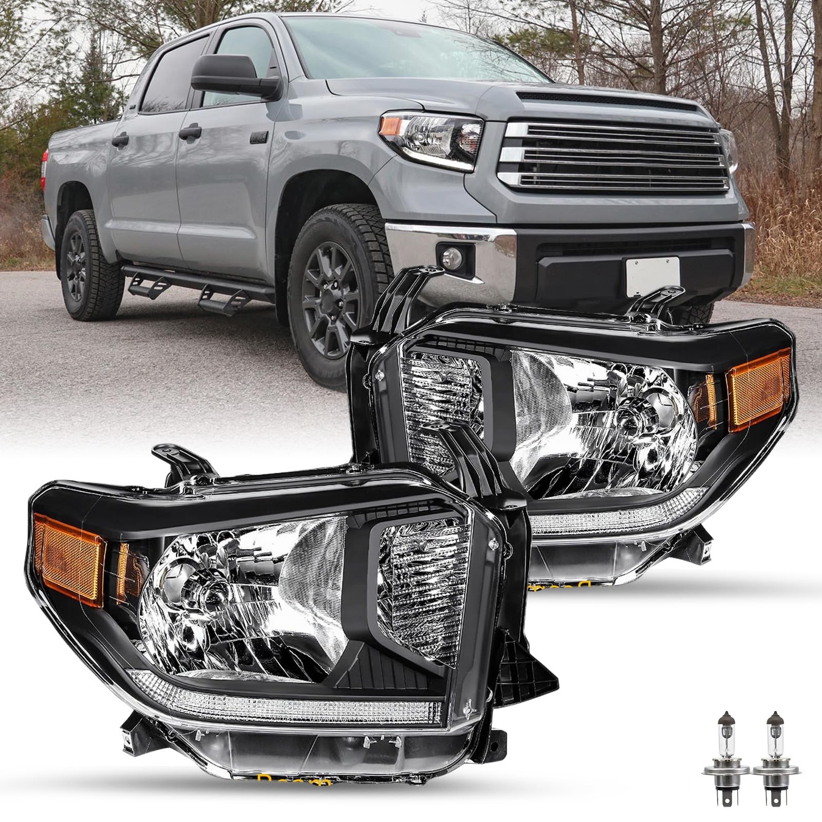 2014-2021 Tundra Halogen Headlight LED DRL Level Adj Blk Housing Amber Reflector