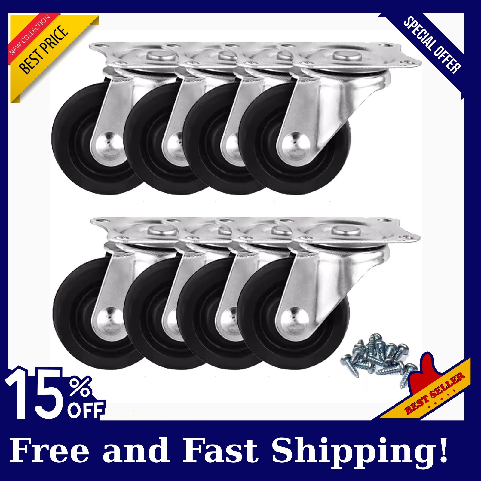 8 Pack 1″ Swivel Caster Wheels Rubber Base with Top Plate & Bearing,Small Caster