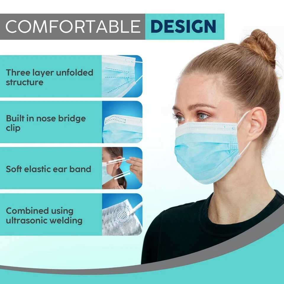 50/100 Pcs Blue Disposable Face Cover 3-Ply Filter Breathable Earloop Masks