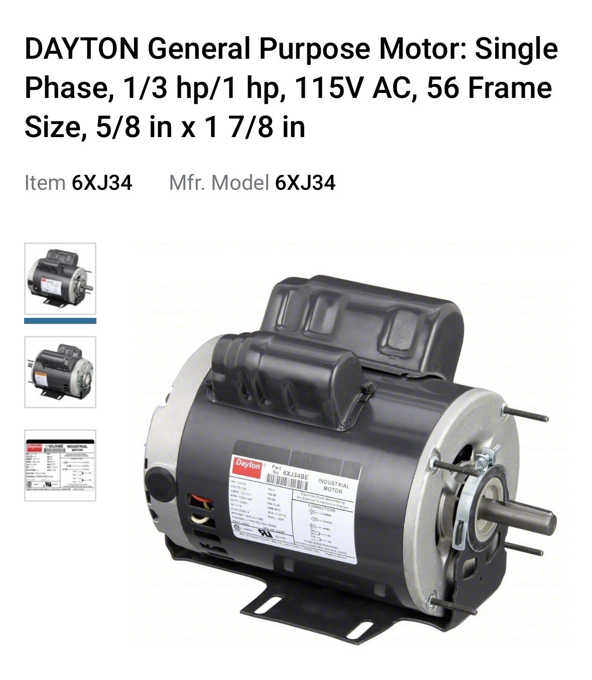 Dayton General Purpose Motor 6XJ34 Single Phase 1/3 HP / 1 HP, 115 AC