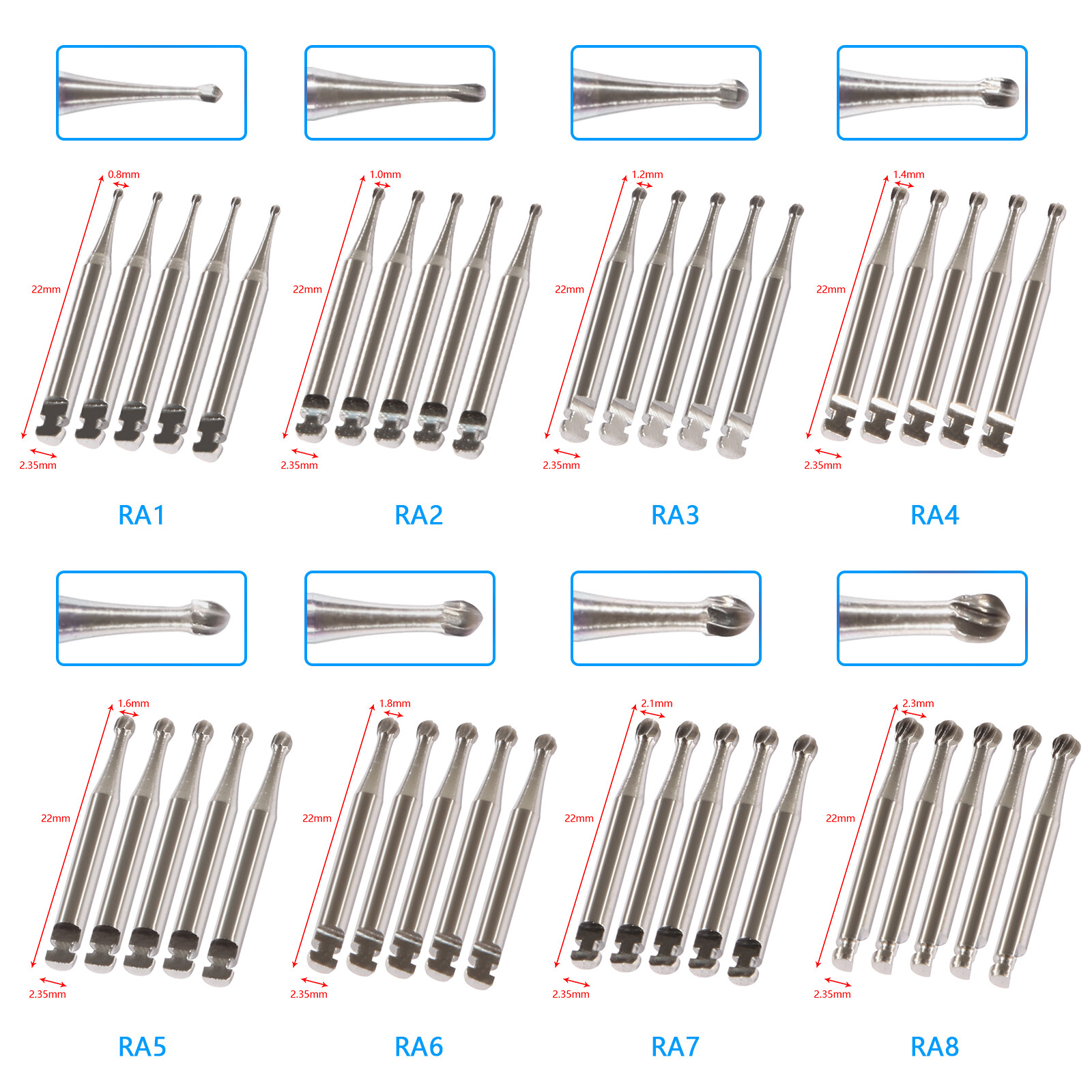 1-10 Dental Round Carbide Burs For Slow Speed Contra Angle Latch Type RA #1-8