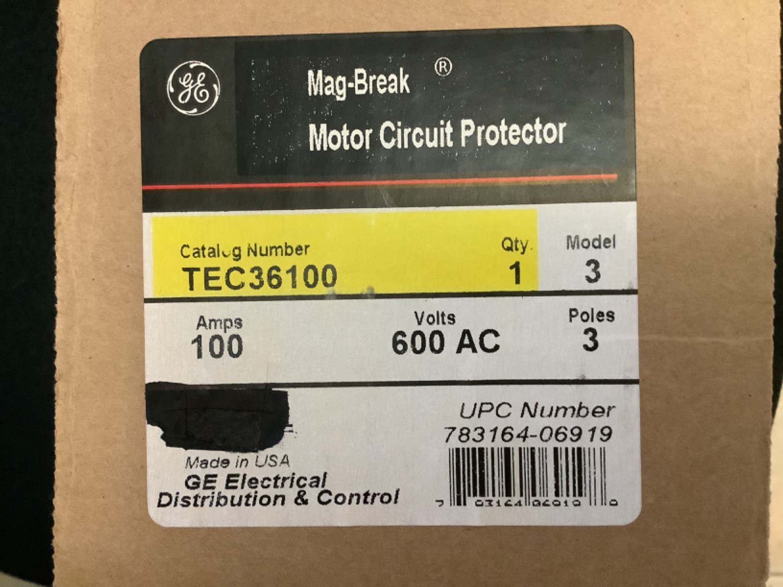 GE TEC36100 Breaker 3pole 100amp 600v Mag-Break Spectra Series NEW