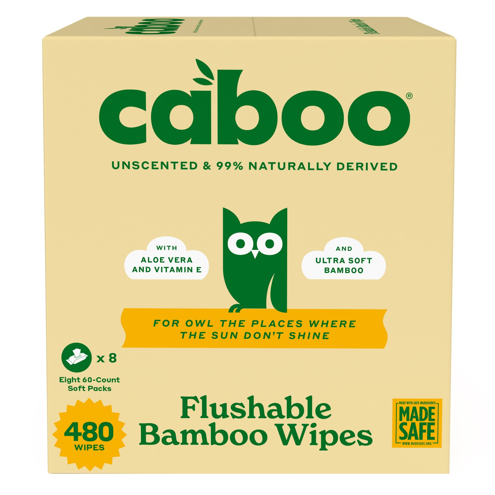 Caboo Unscented Flushable Bamboo Wipes, Hypoallergenic, 8 Packs, 480 Wipes NEW