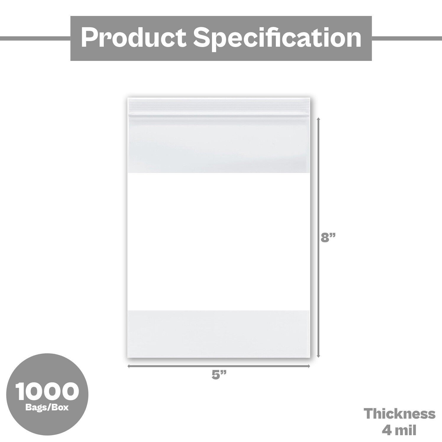 5″x8″ (1000) Clear Reclosable Bag, Writeable White Block, Water-Resistant, 4 Mil