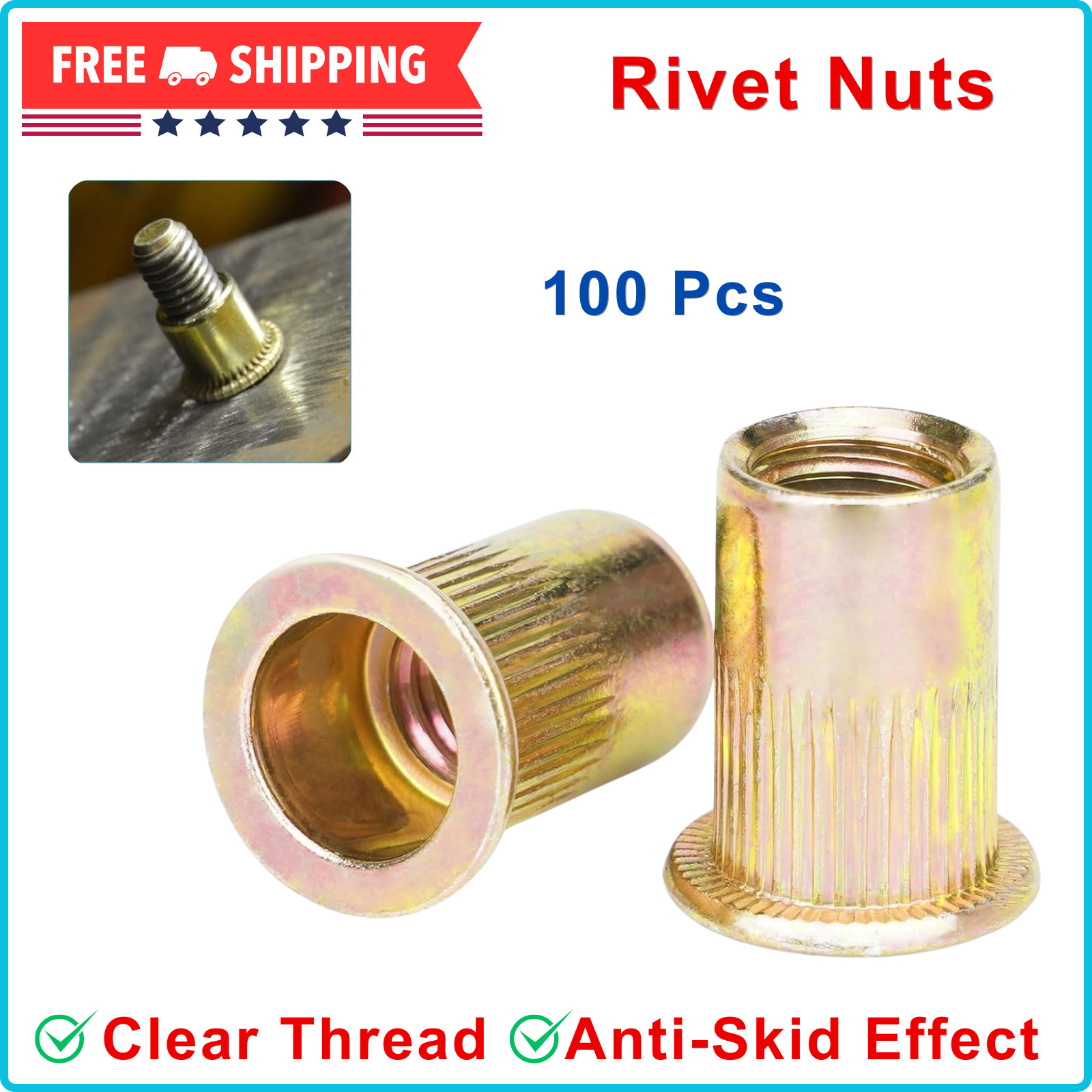 Rivet Nuts 100Pc 1/4″-20 UNC Carbon Steel Flat Head Knurled Body Threaded Insert