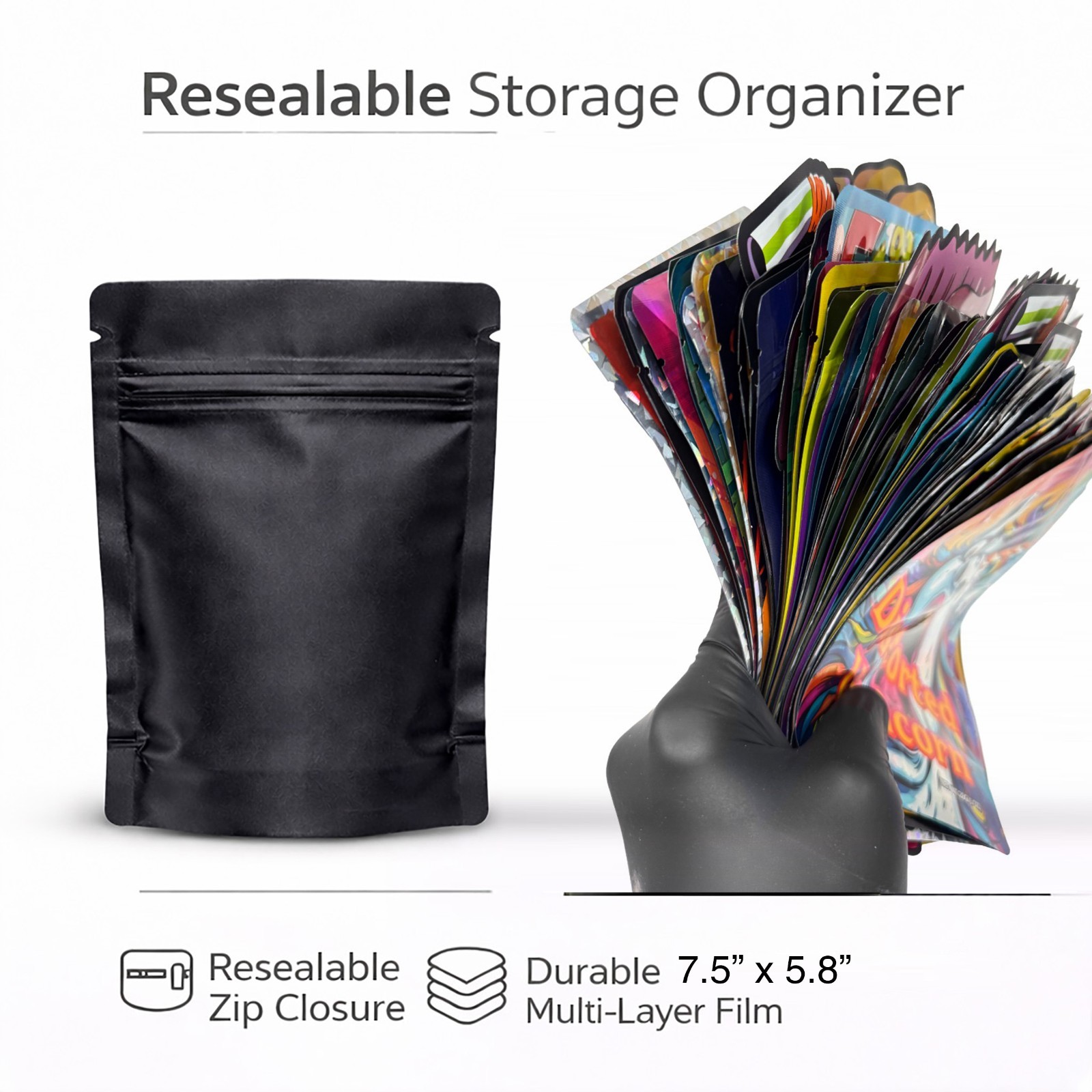 50 Pack 28g Mylar Bags Assorted Designs Smell Proof 1oz Resealable Zip Pouches