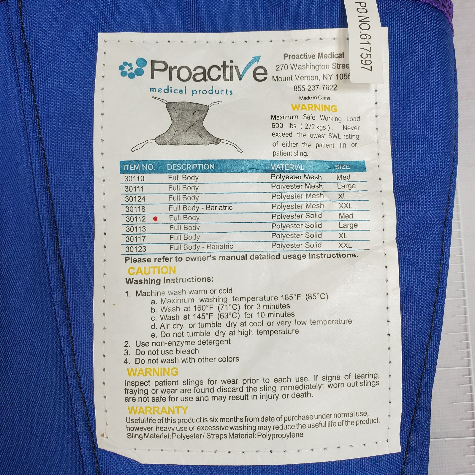 New Proactive Medical Full Body Mesh Patient Lift Sling Medium #30112