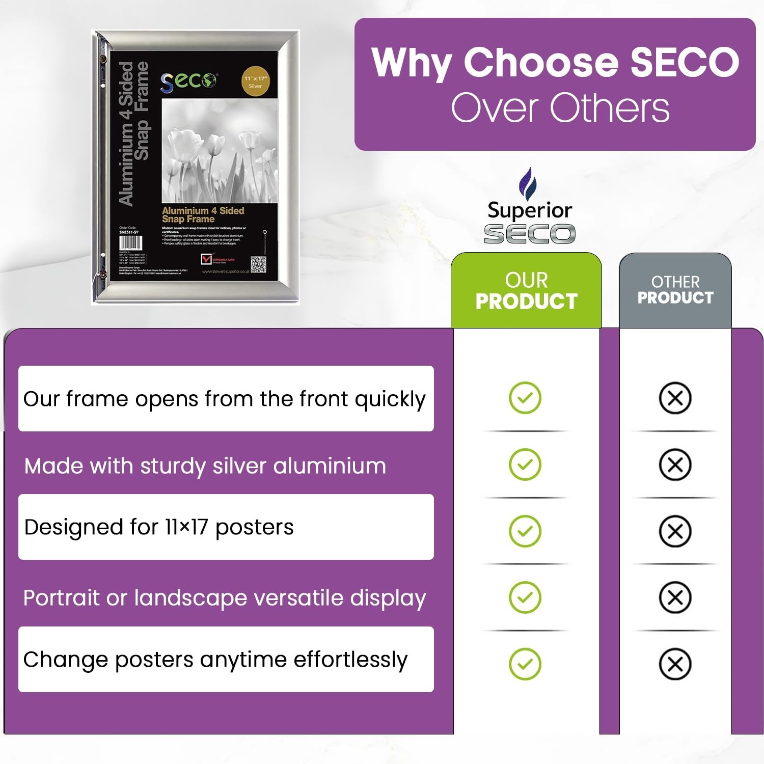 SECO Front Load Easy Open Snap Frame Poster/Picture Frame 11 x 17 Inches, Sil…