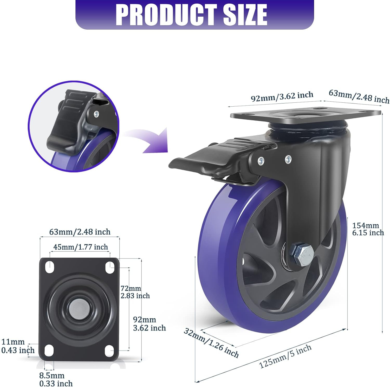 5 Inch Caster Wheels With Brake Set Of 4 Heavy Duty 2200 lb Swivel Locking