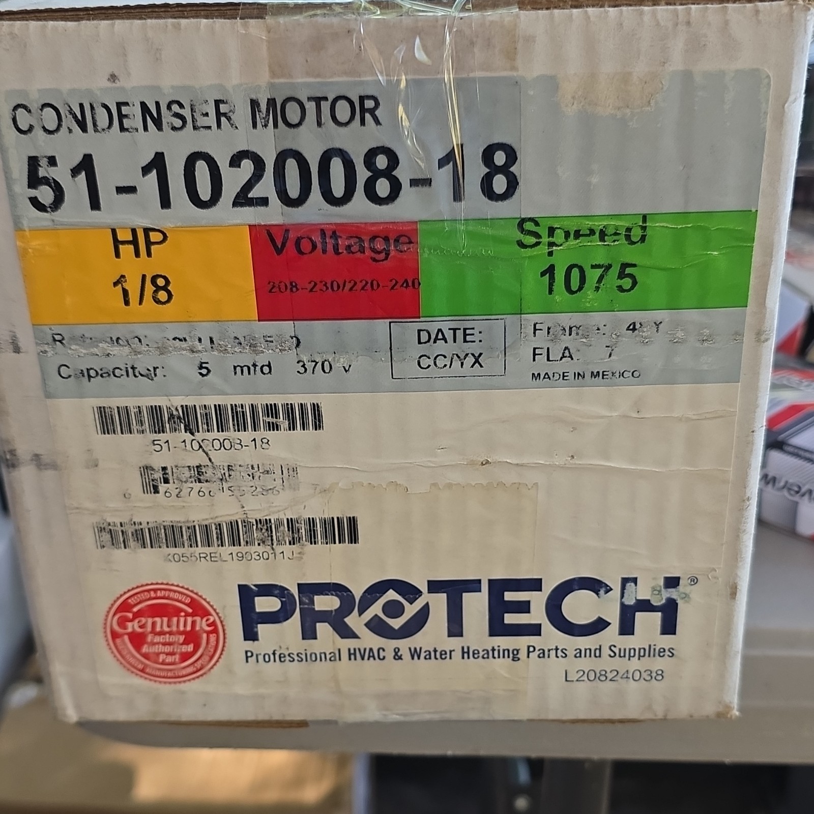 PROTECH Condenser Motor 51-102008-18 1/8 HP 208-230/220-240V