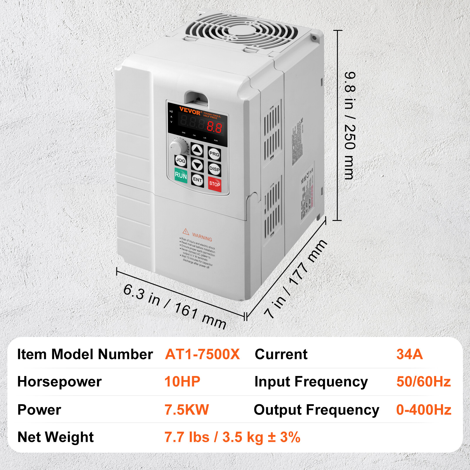 VEVOR 7.5KW 10HP Variable Frequency Drive VFD for 3-Phase Motor Speed Control