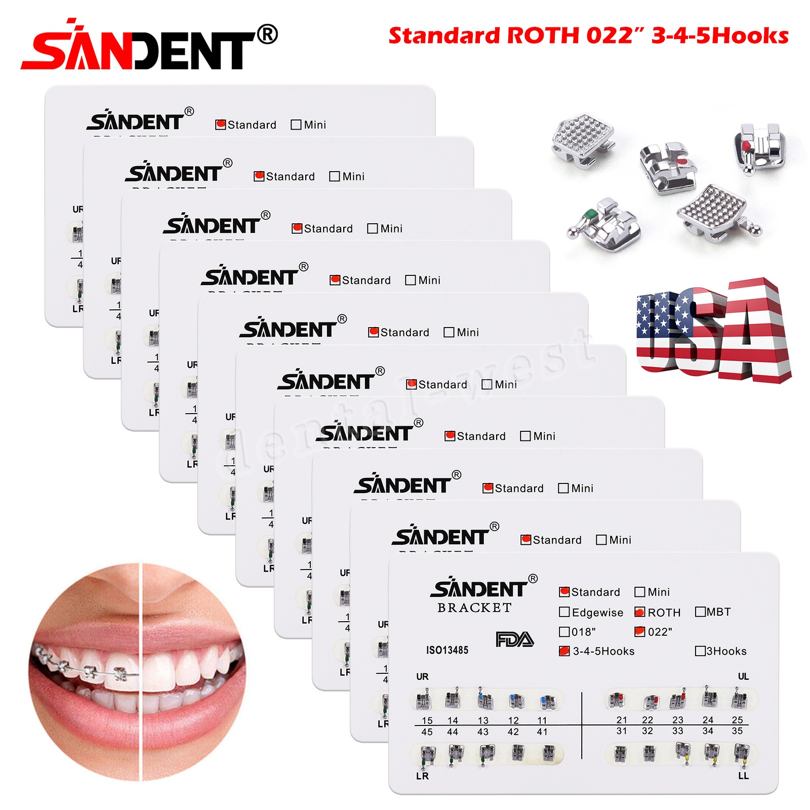 200pcs Dental Orthodontic Brackets Braces Mini Standard 022 3/345 Hooks 10 Packs