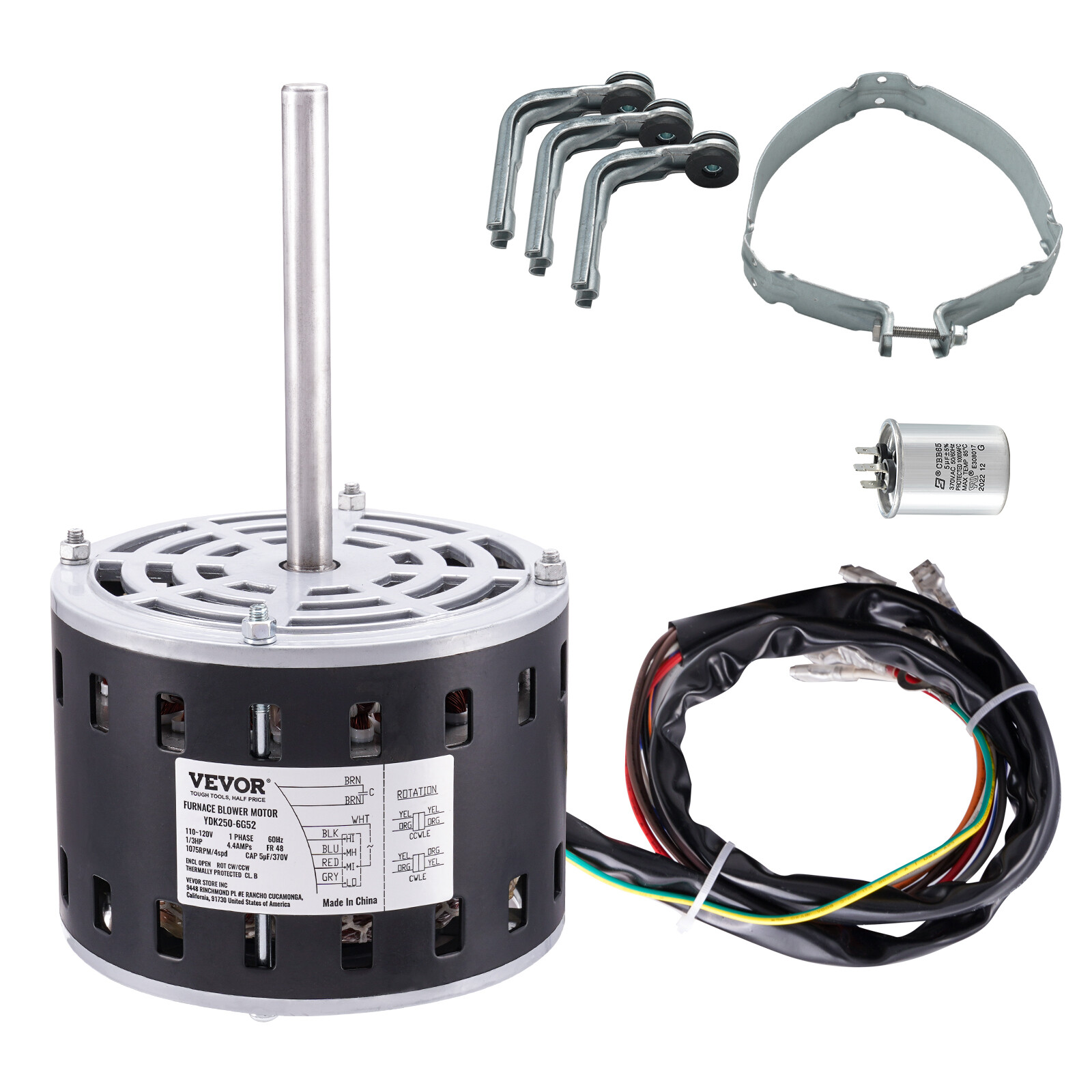 VEVOR 1/3HP Furnace Blower Motor 110-120V 4.4A 1075RPM 4 Speeds 48 Frame 1 Phase