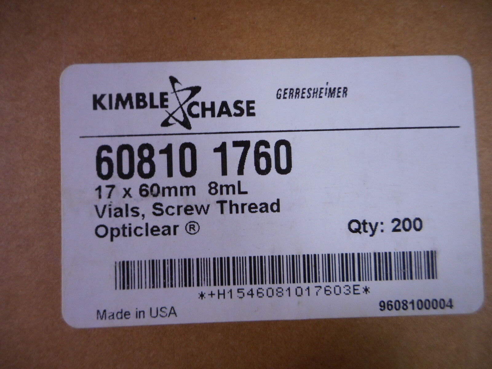 KIMBLE Borosilicate Glass Clear Glass Sample Vial 8mL 60810-1760 (200/cs)