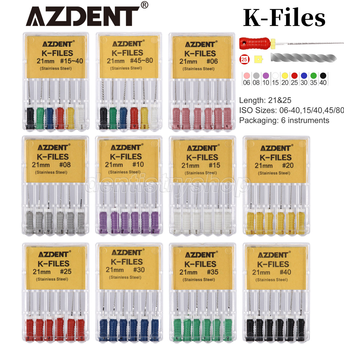 AZDENT Dental Endo Root Canal File K-FILES Stainless Steel Hand Use 21mm/25 mm