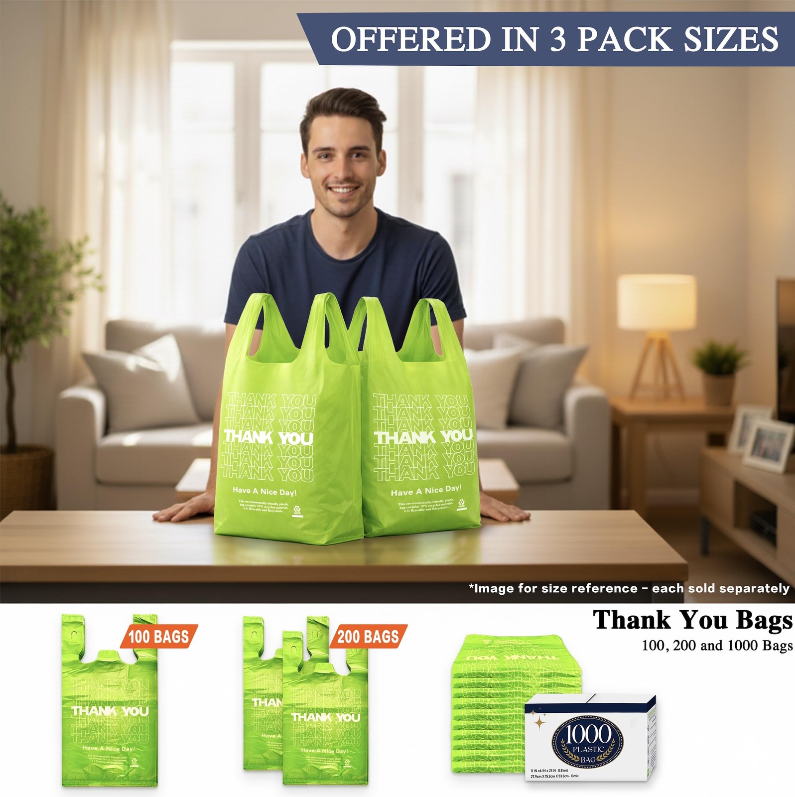 YoYoRain 100 Pack “Thank You” T-Shirt Bags – Green Plastic Large,