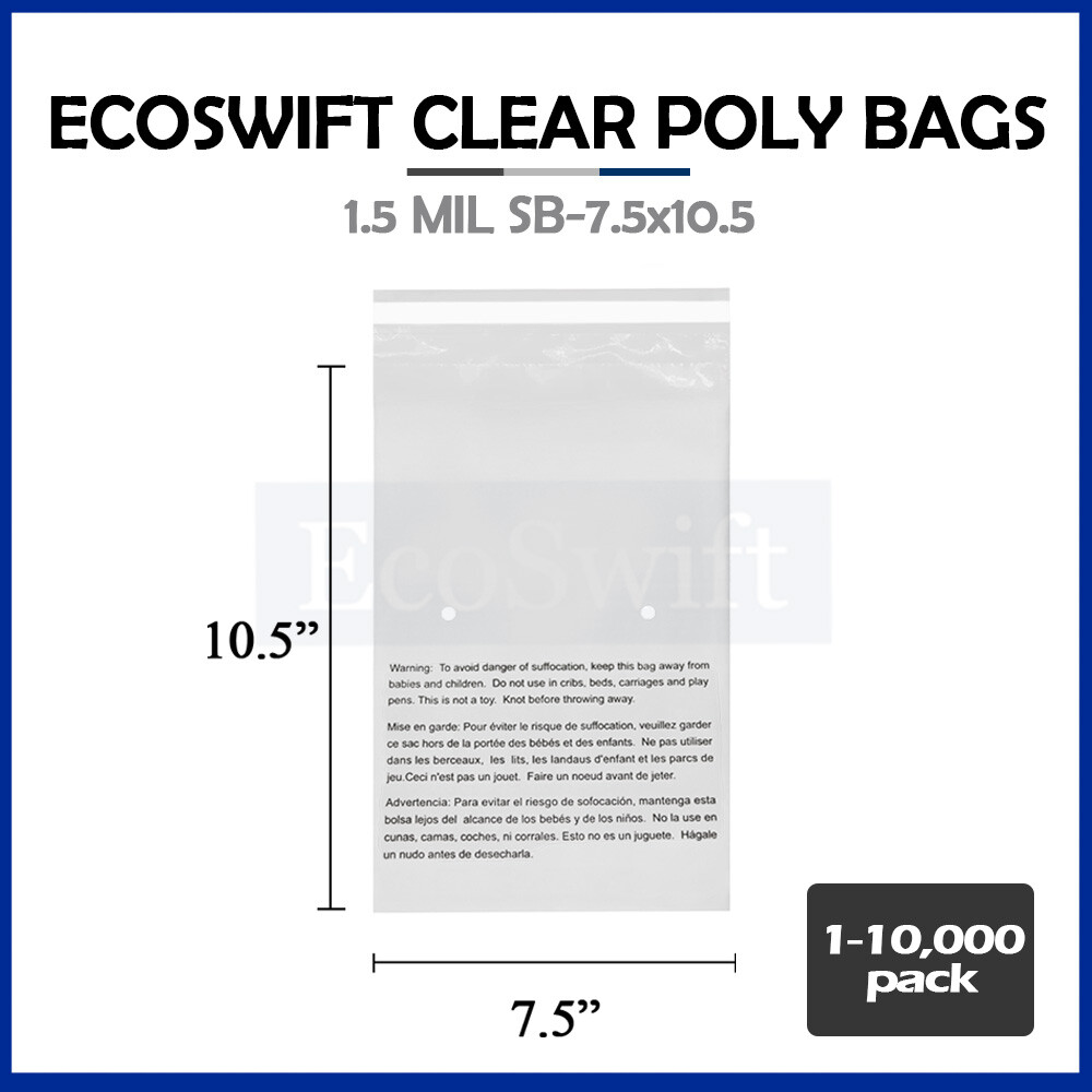 1-10000 7.5×10.5 EcoSwift Self Seal Suffocation Warning Clear Poly Bag Free Ship