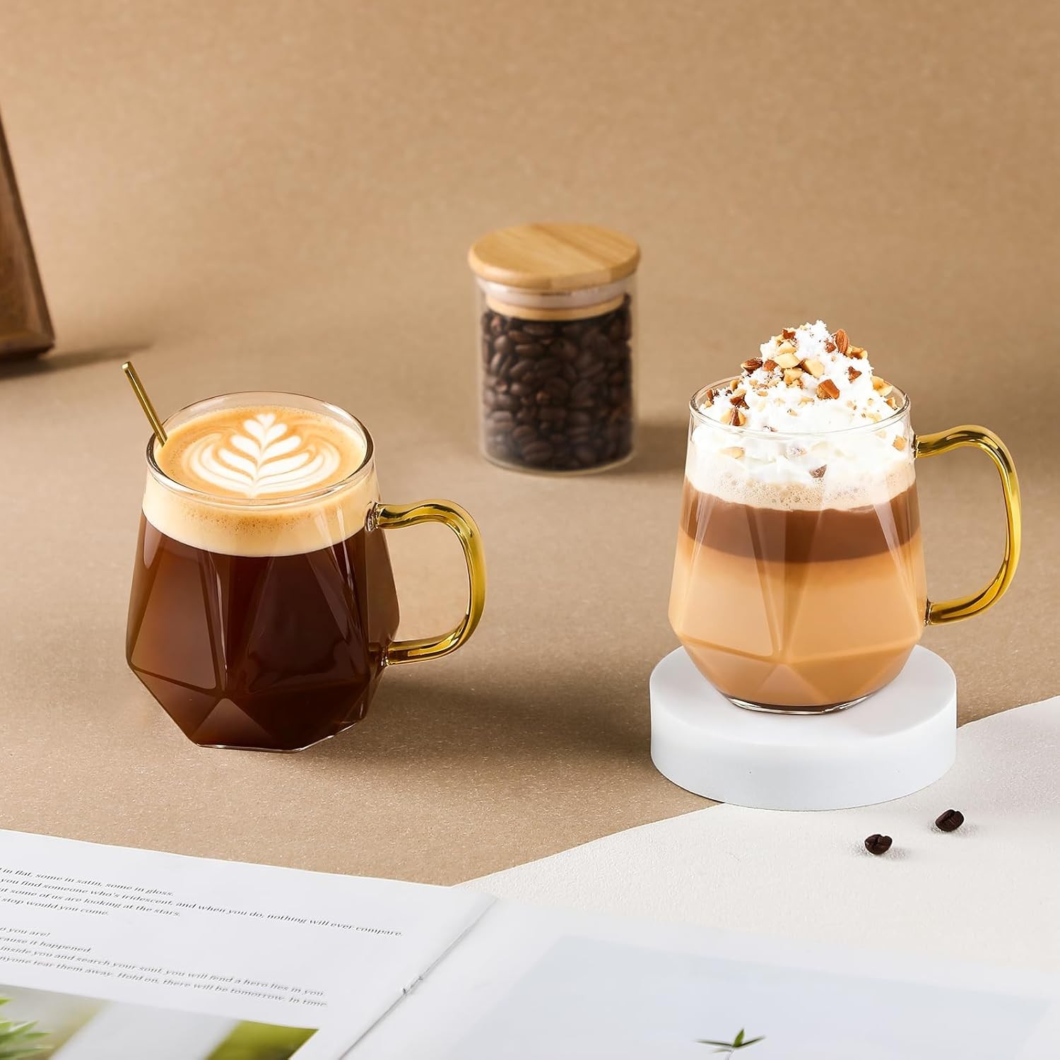 LOOFORE 2-Pack 12oz Glass Coffee Mugs w/Handle & Spoon, Hot/Cold