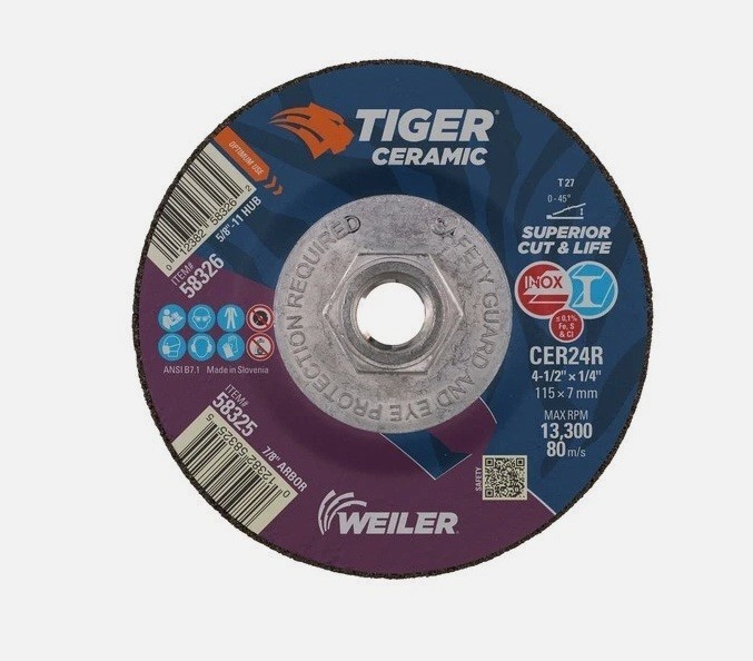 Weiler 58326 4.5″ T27 5/8-11 Cer24R Tiger Ceramic, 10 Discs