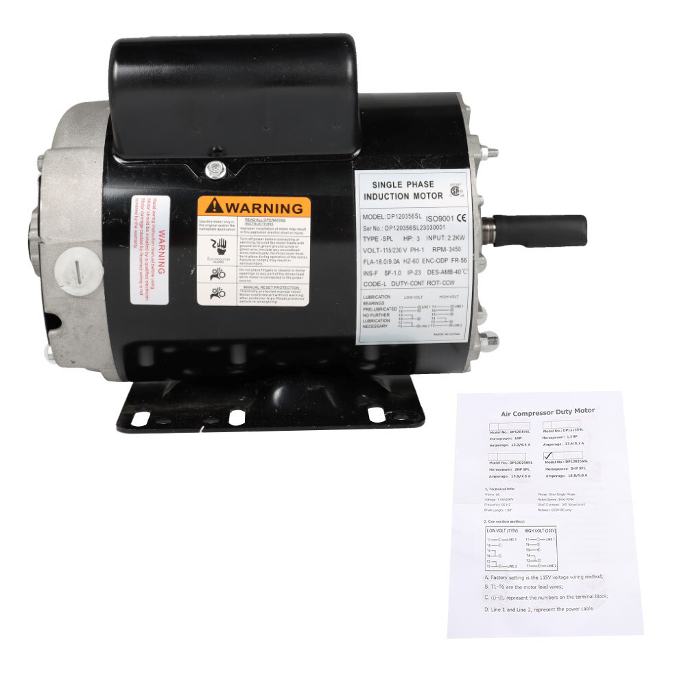 Electric Motor 3 HP 3450 RPM Compressor Duty 56Frame 1Phase 115/230V 5/8″ shaft