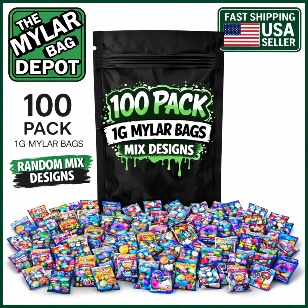 100 Pack 1g Mylar Bags Assorted Designs Smell Proof Resealable Zip Pouches