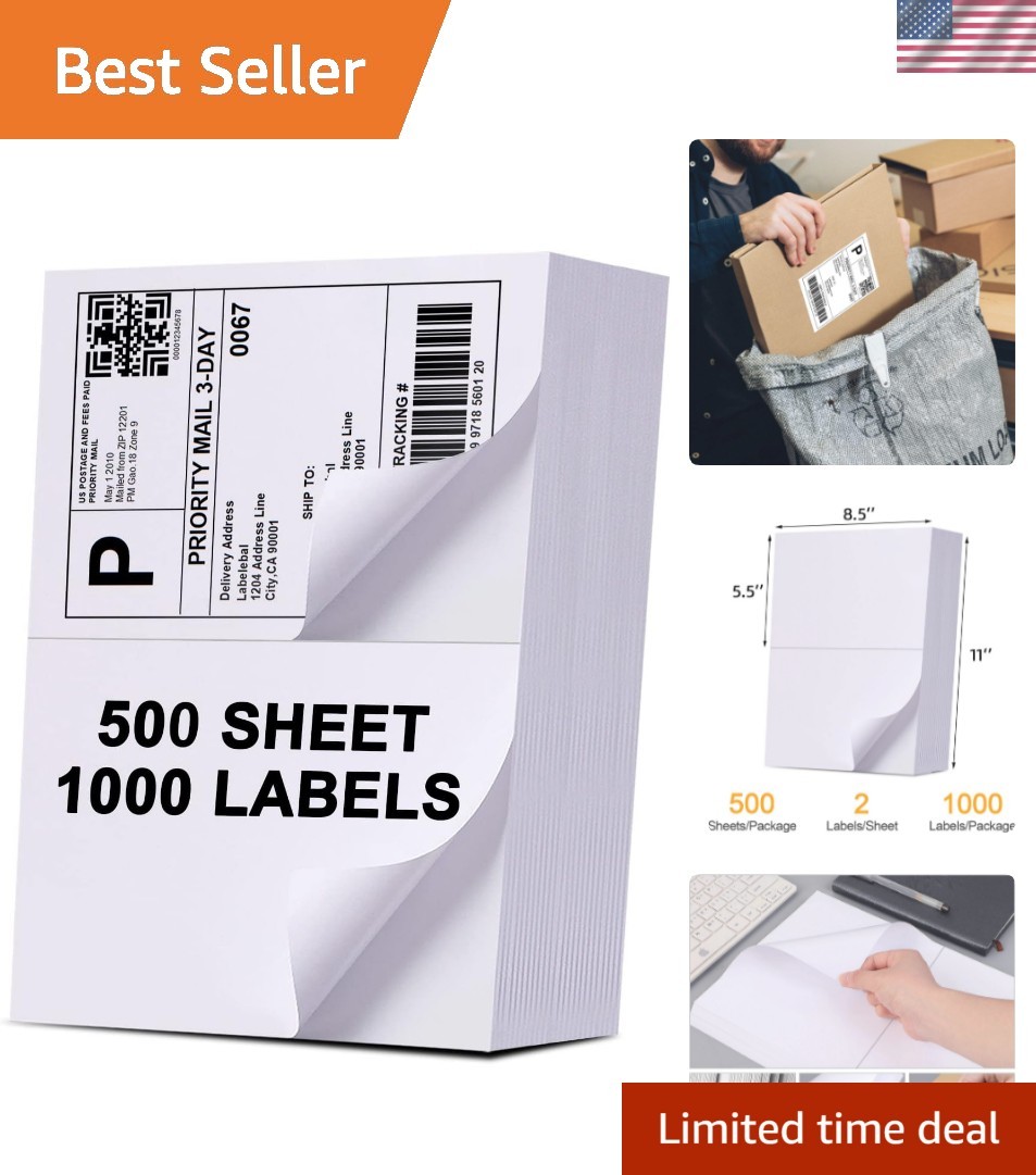 1000 Labels/500 Sheets Half Sheet Self Adhesive Shipping Labels for Laser & I…