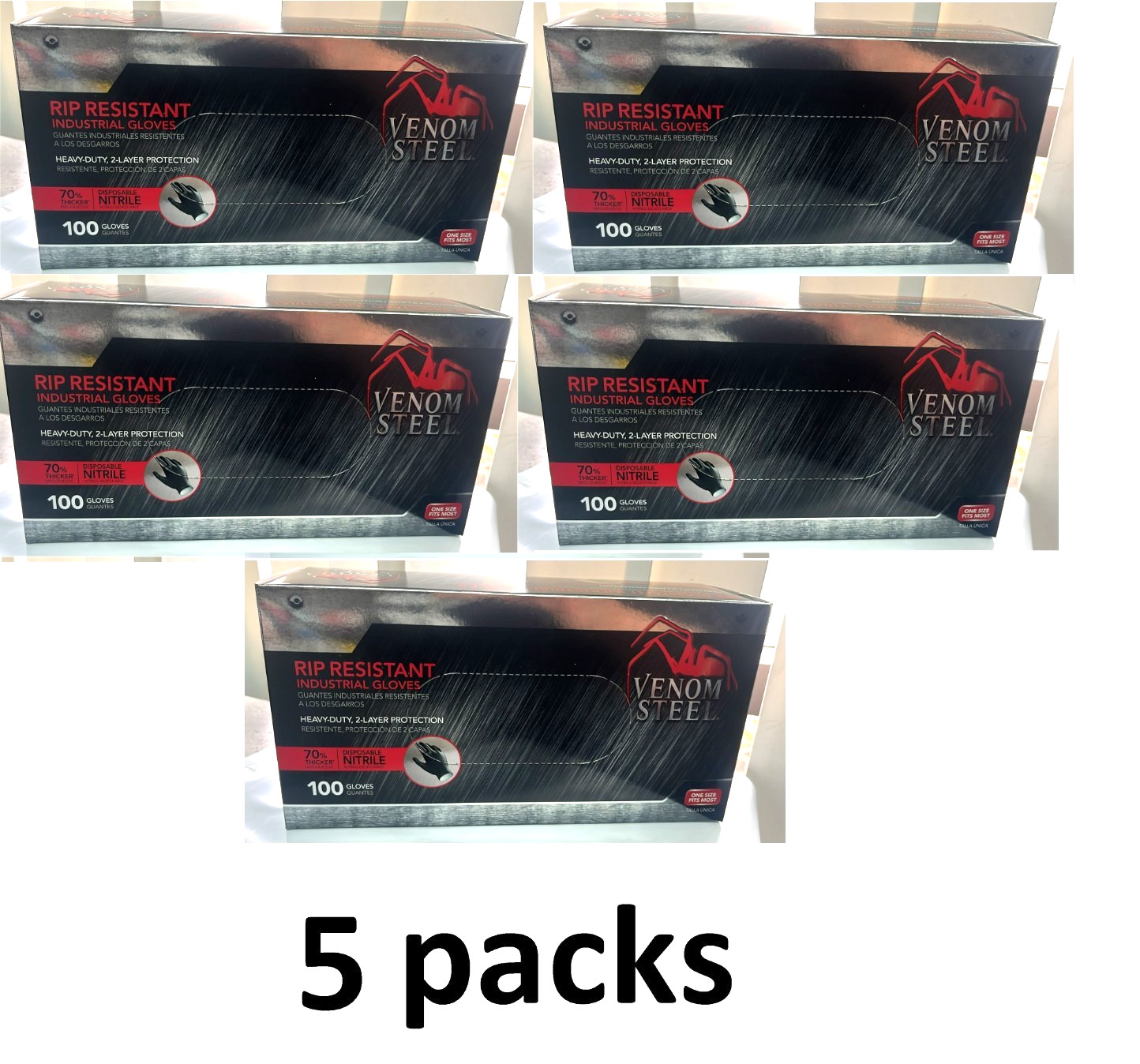 5x VENOM STEEL Nitrile Gloves Rip Resistant Size Fits Most 500 Total