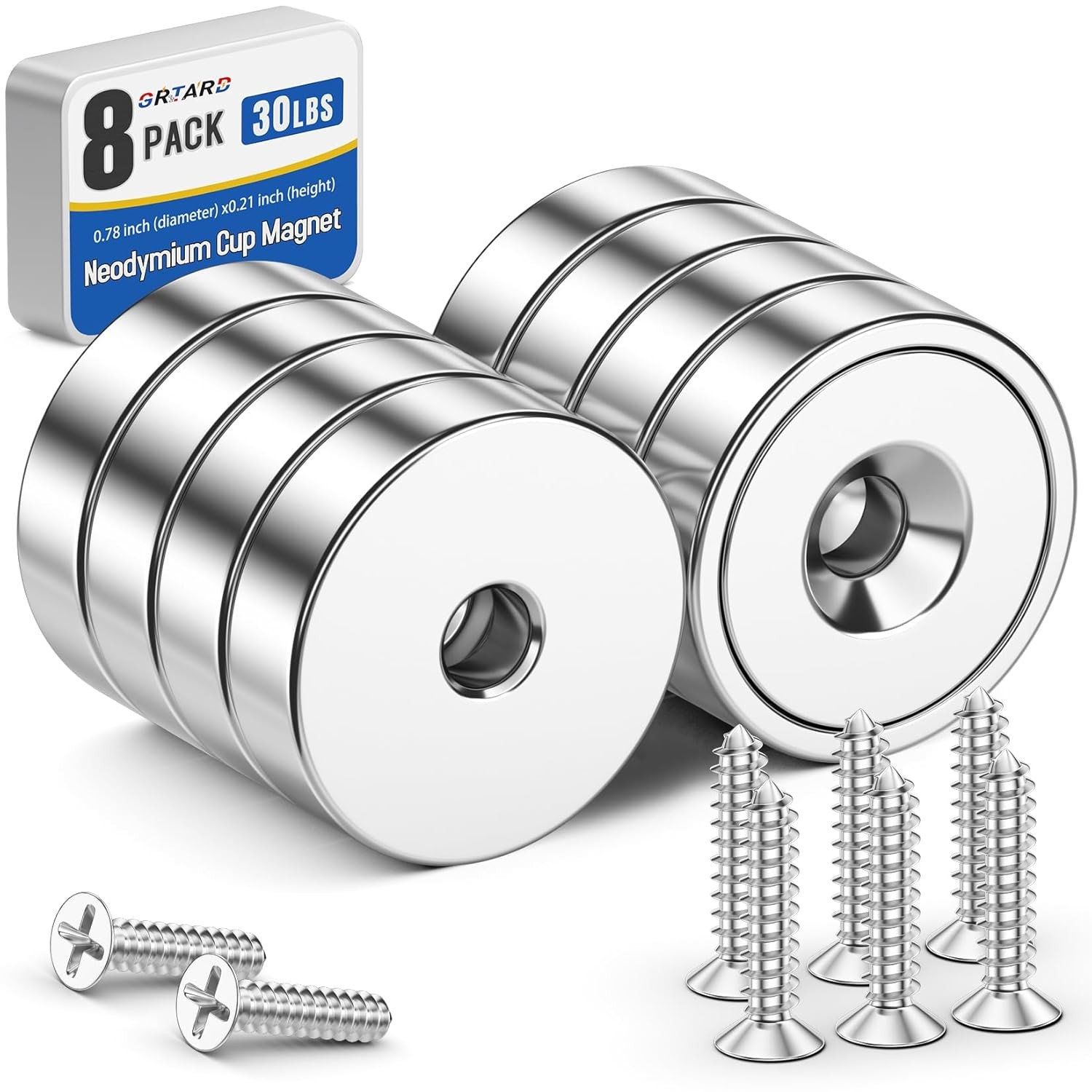 8-Pack Neodymium Cup Magnets, 110 lbs Holding Force Strong Rare Earth Magnets