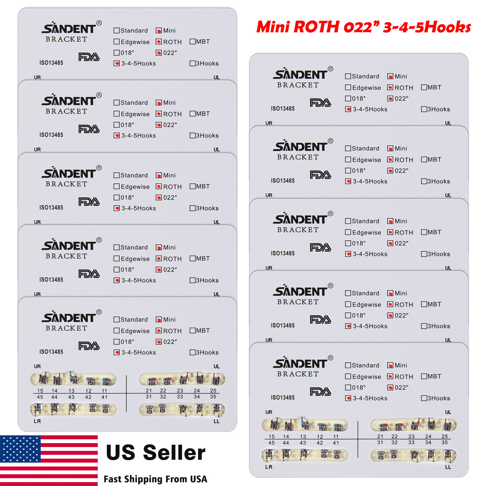 10packs Dental Orthodontic Brackets Braces Mini Roth Slot 022 345 Hook #2 200PCS