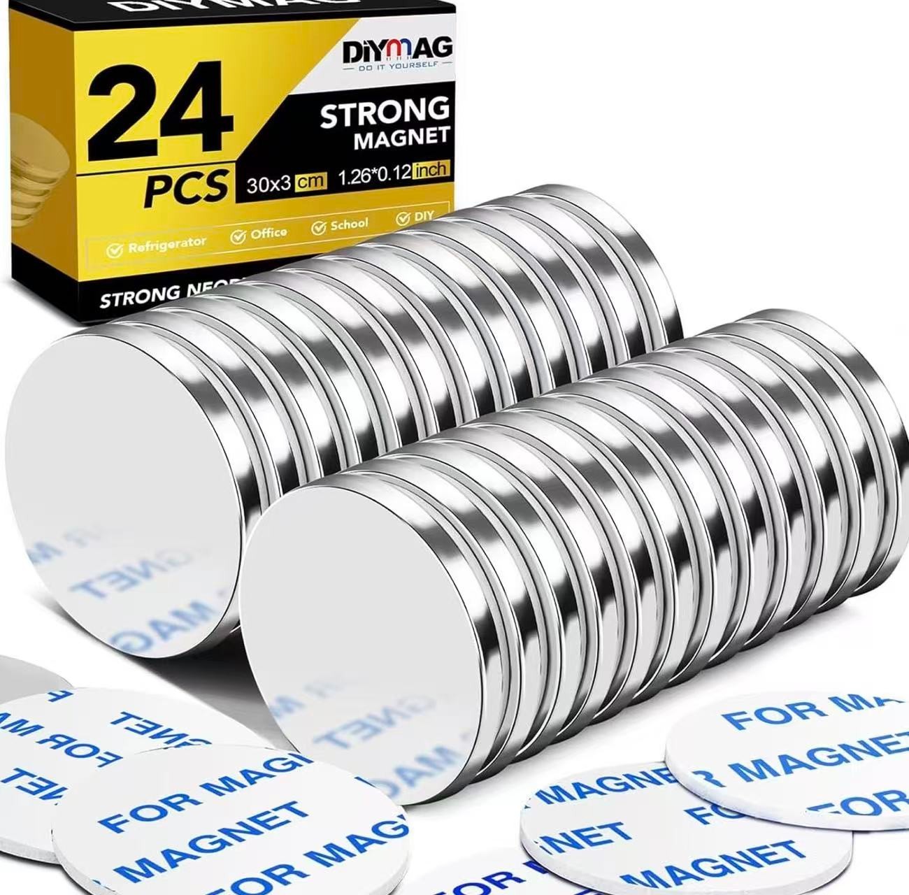 24 Pack Strong Magnets with Double Sided Adhesive, 1.26″ x 0.12″ Round Permanen