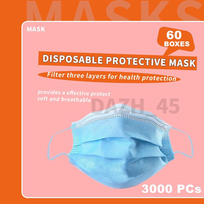 3000PCs (60 BOXES) Disposable Face Mask Non Medical Surgical 3 Ply Ear loop Blue