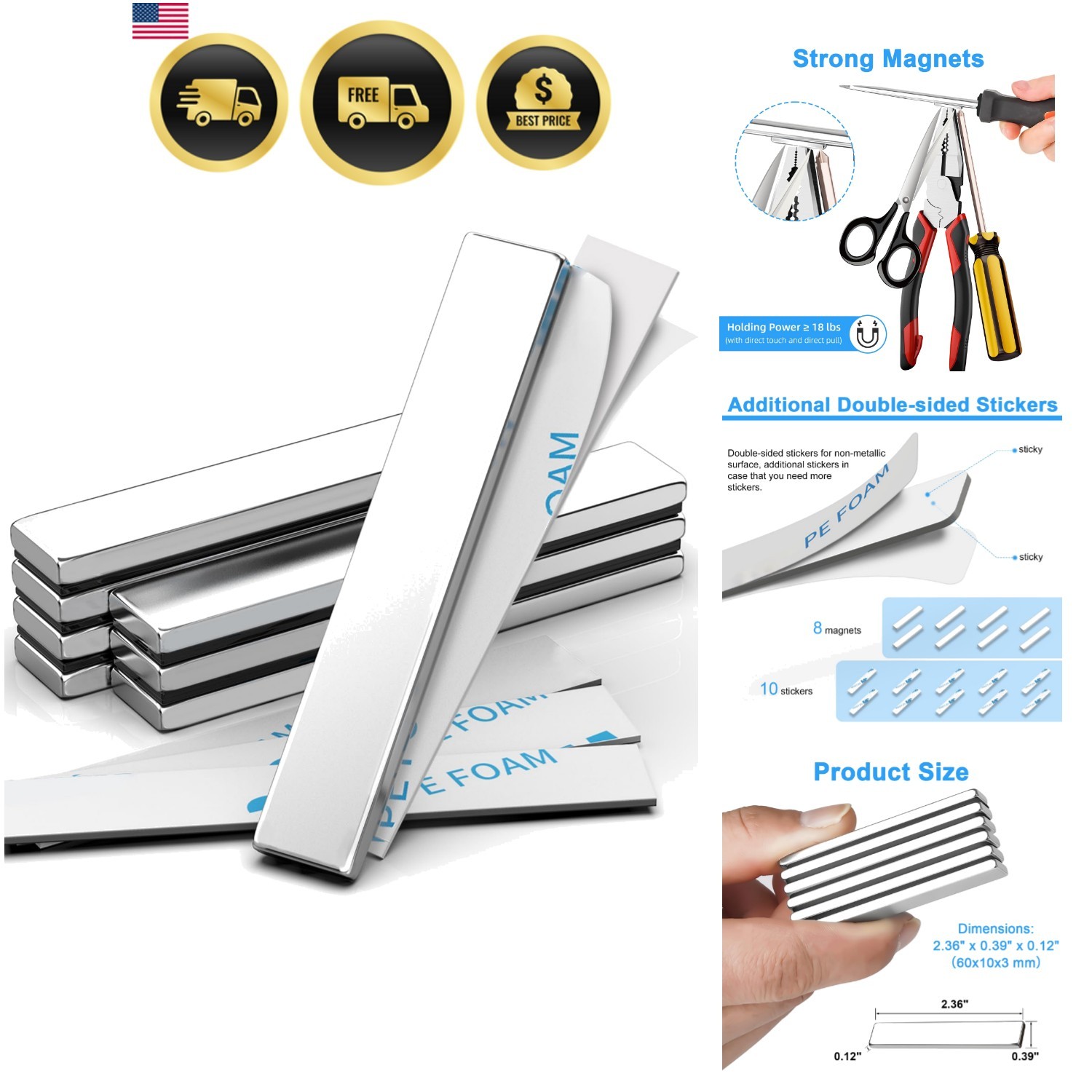 8 Pack Magnets, Heavy Duty Strong Rare Earth Neodymium Magnets with Double Si…