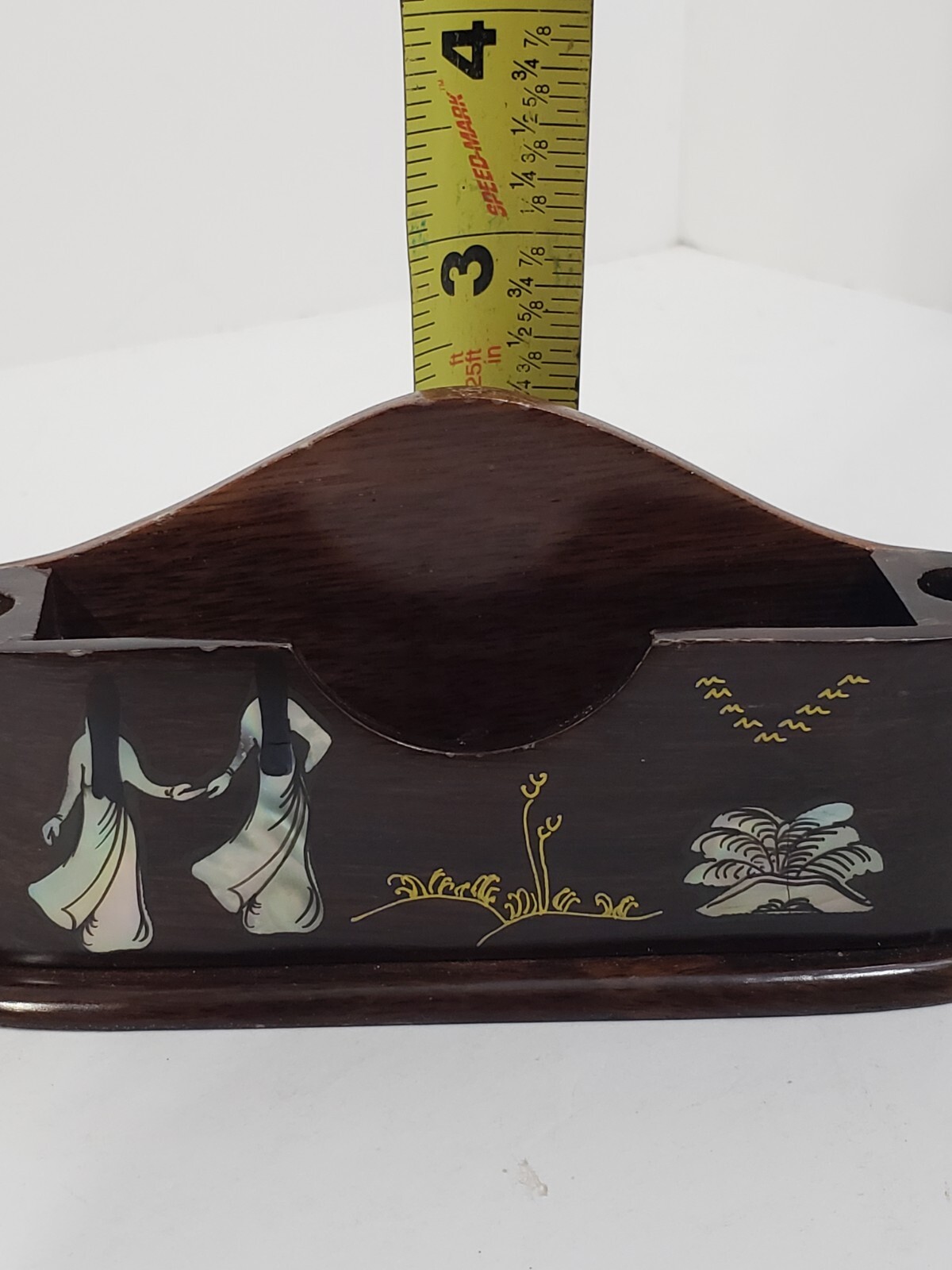 Vintage Desk Pen Card Holder Organizer Inlaid Mother of Pearl Teak Wood Vietnam