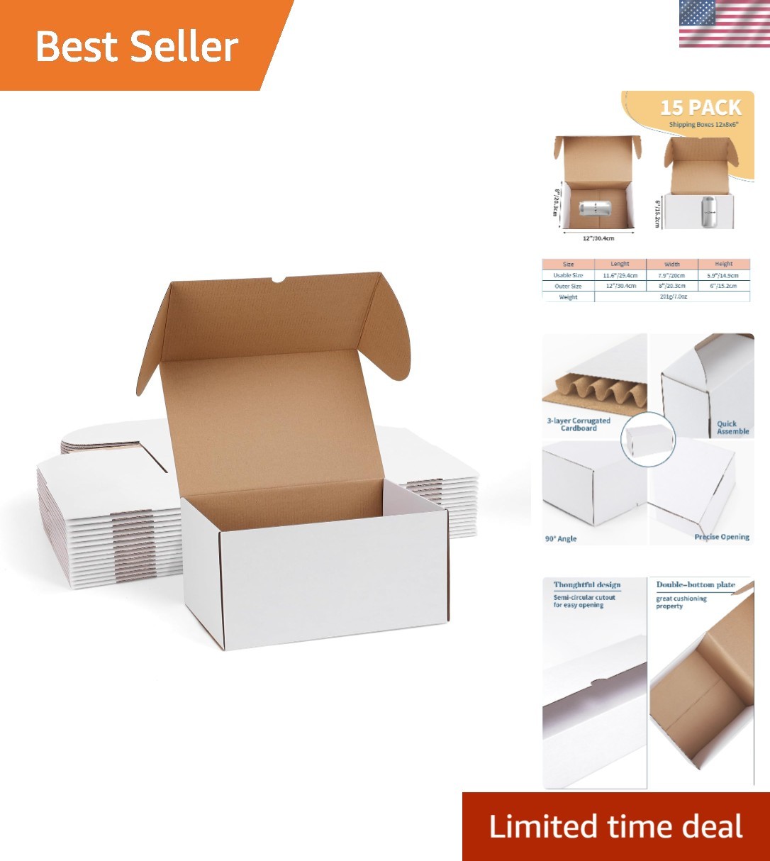 12x8x6 White Shipping Boxes Set of 15, Corrugated Cardboard Mailer Boxes for …