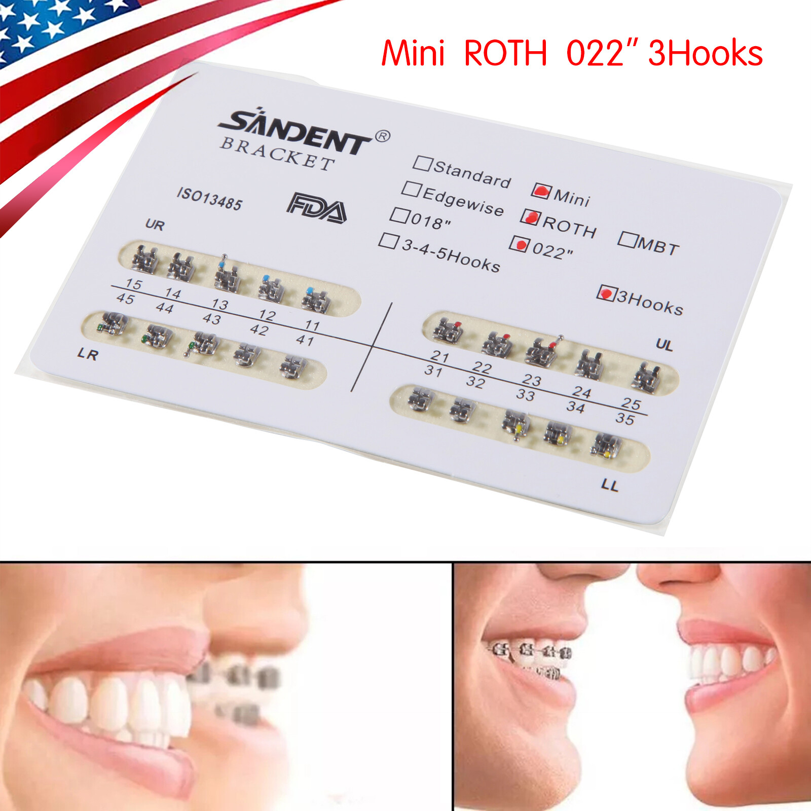 200Pcs Dental Orthodontic Braces Bracket Mini Roth 022″Slot 3 Hooks 10 Packs