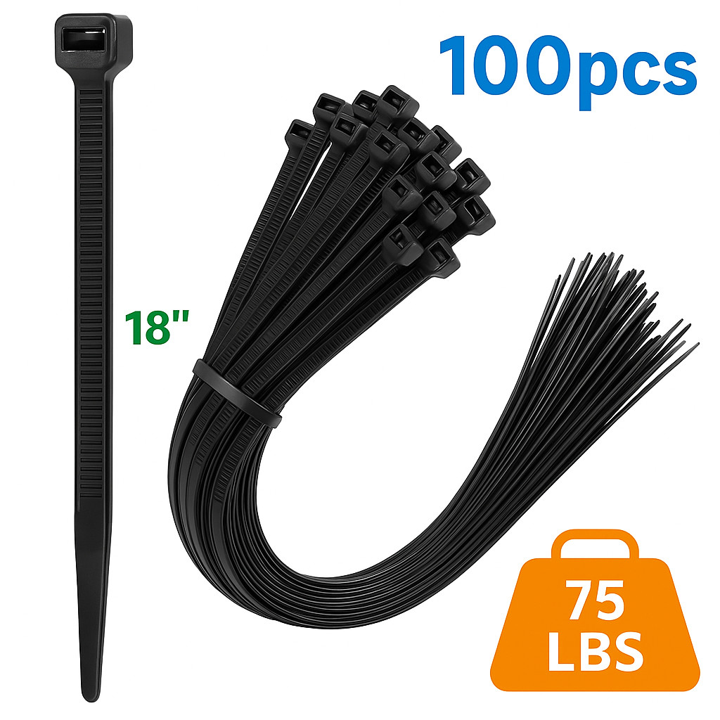 100pcs 18 Inch Heavy Duty Zip Ties Black Nylon Cable Ties UV Resistant 75LBS