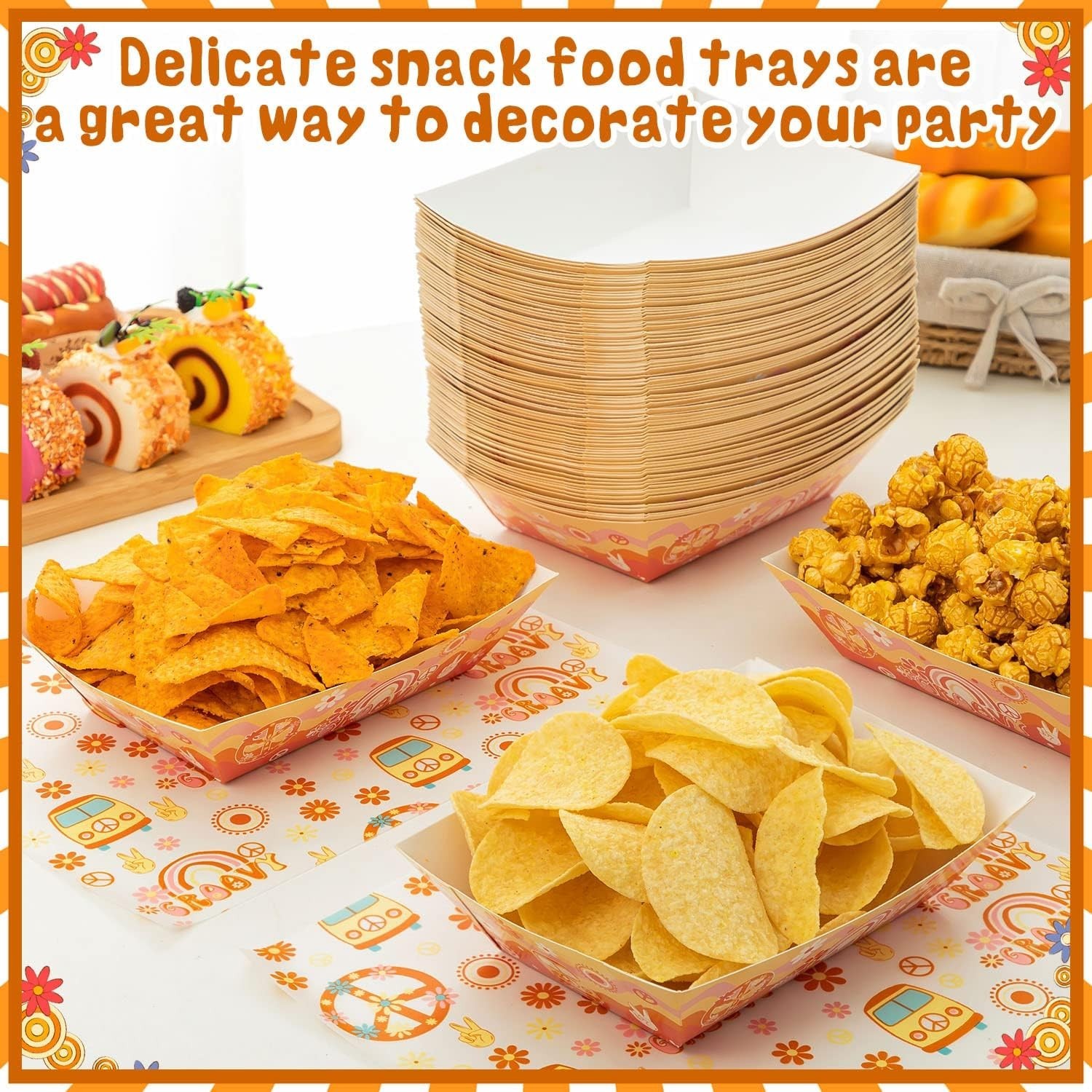 50PCS Hippie Paper Food Trays Groovy Daisy Flower Disposable Picnic Party
