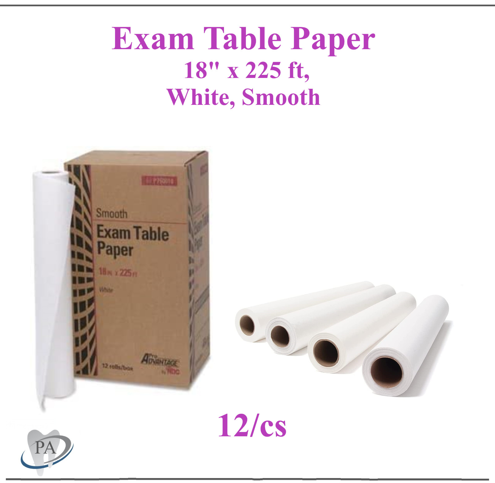 Pro Advantage Exam Table Paper, 18″ x 225 ft, White, Smooth, Medical, 12 Rolls